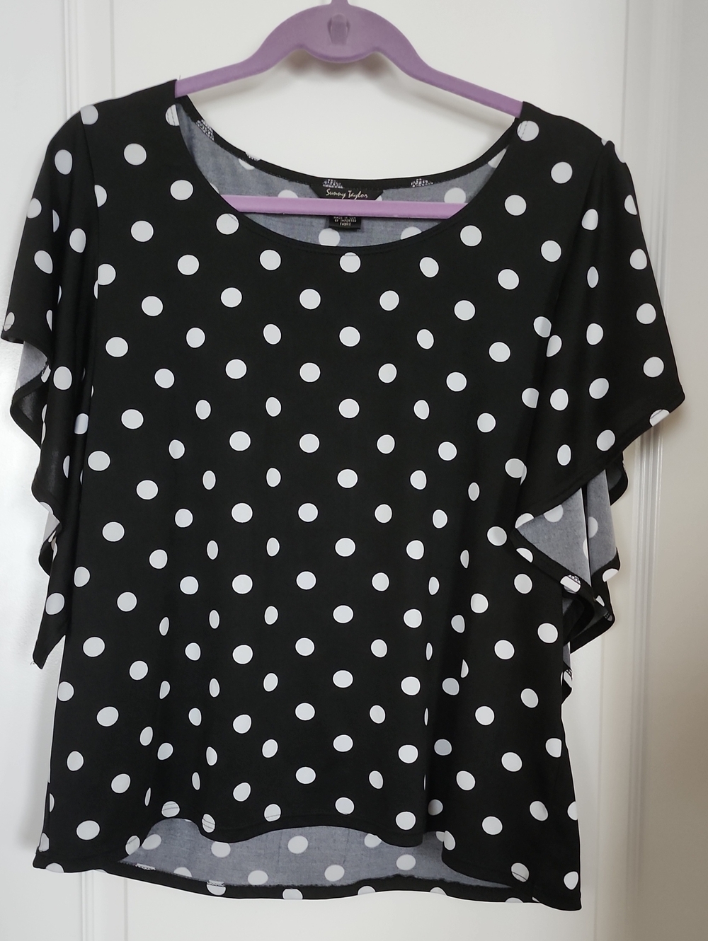 Sunny Taylor Black and White Polka Dot Flutter Sleeve Blouse Size PXL